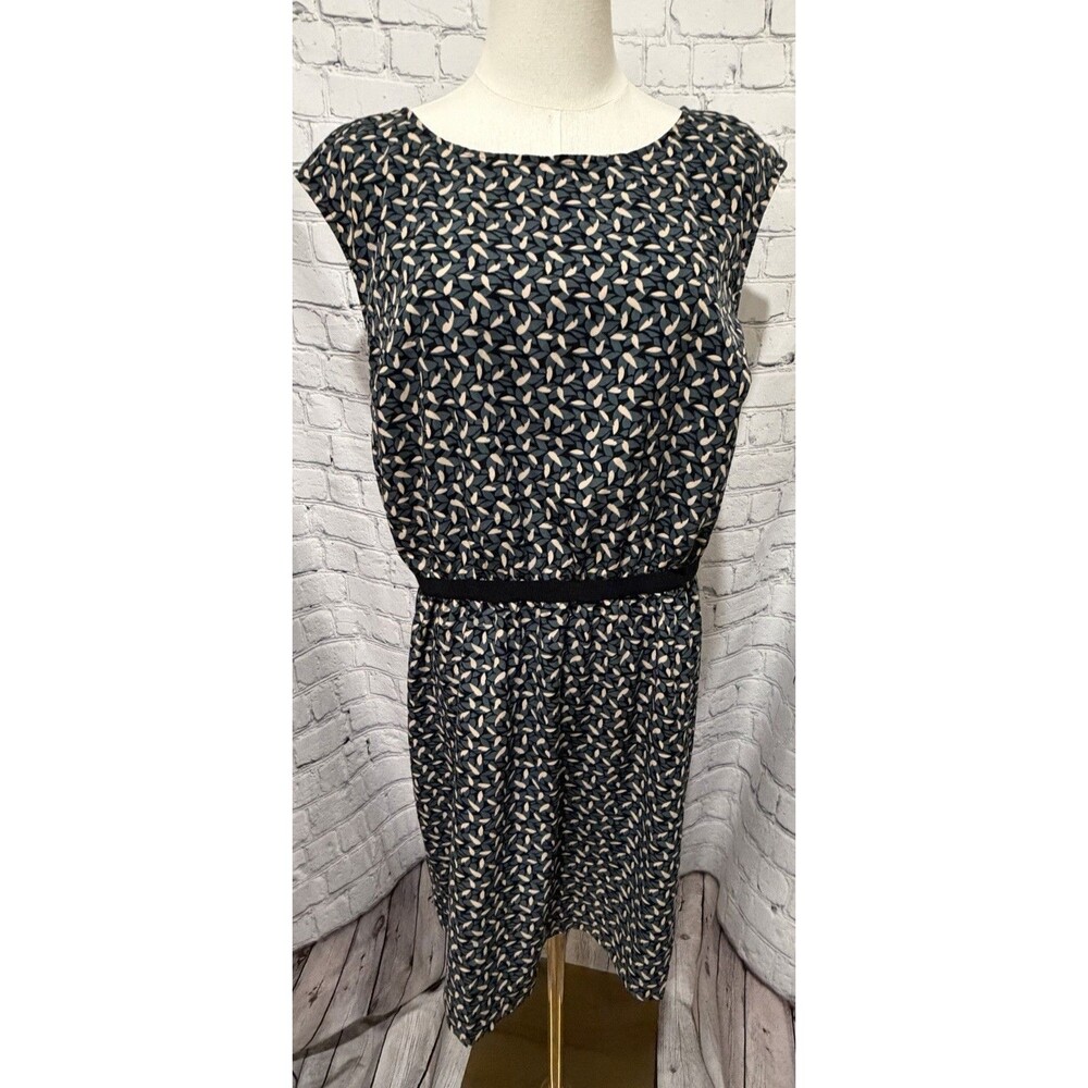 LOFT Black/green/cream Leaf Floral Print Grosgrain Waist Dress Size Large